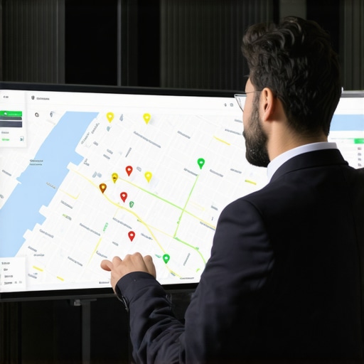 Profesional revisando datos en mapas digitales y herramientas de IA en Washington DC