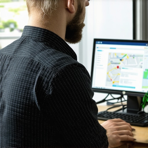 Empresario revisando datos de Google Maps en un ordenador con la interfaz de DC