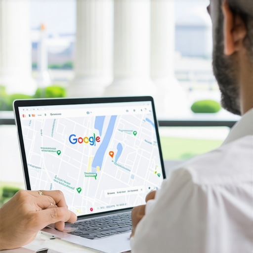 Persona revisando métricas de Google Maps en una laptop con vista a Washington D.C.