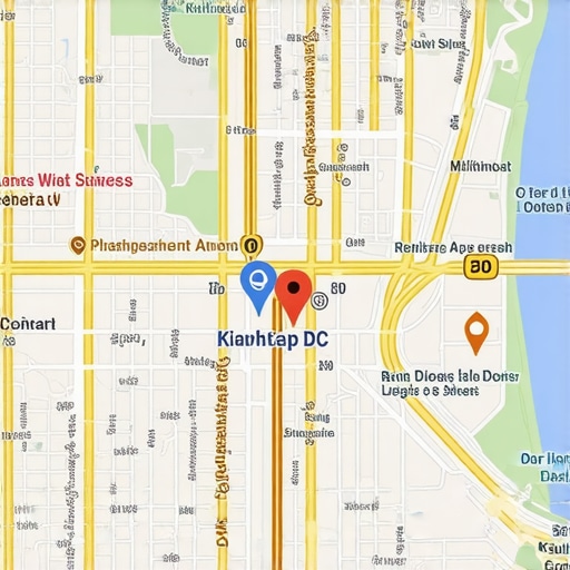 Mapa de Washington DC con iconos de negocios y interfaz de Google Maps