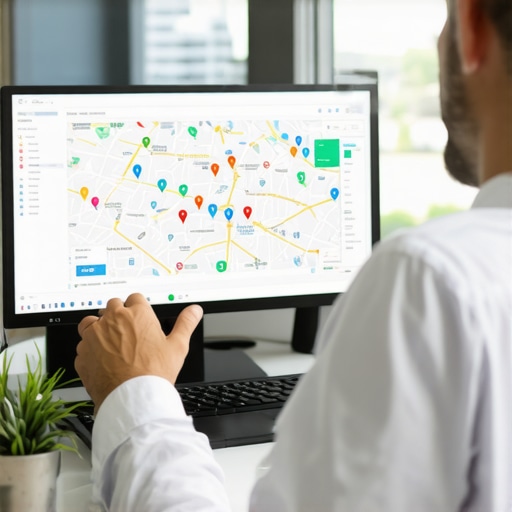 Profesional analizando estrategias en Google Maps en un entorno de oficina con mapas digitales y datos analíticos.