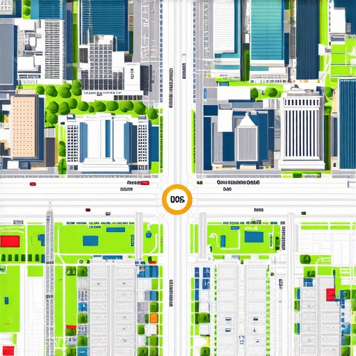 Business district in Washington DC showing digital maps and SEO icons