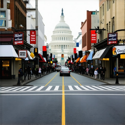 Street scene in Washington DC showing local businesses and digital map overlay