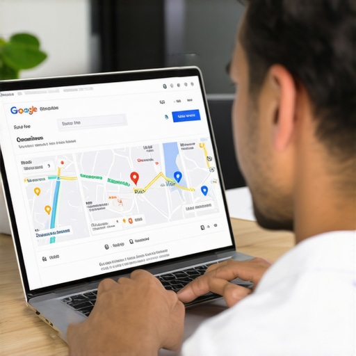 Persona optimizando perfil de Google Maps en un ordenador portátil en oficina