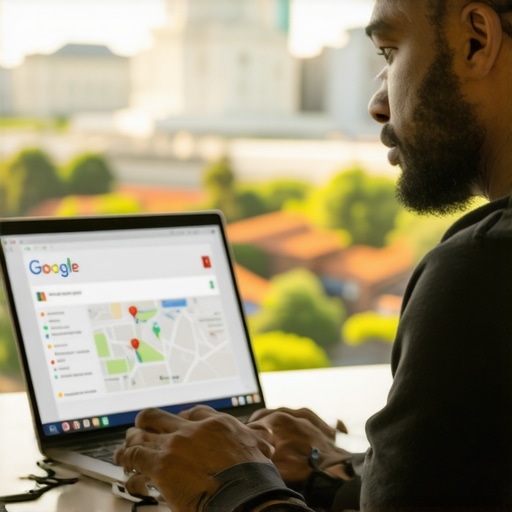 Business owner optimizing Google My Business profile with Washington DC landmarks in the background.