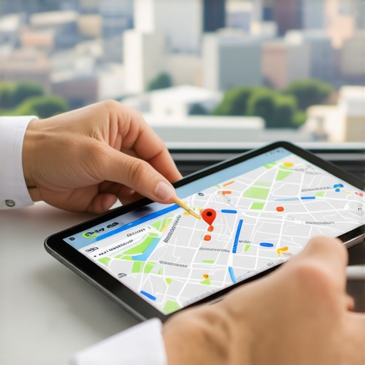 Businessman reviewing Google Maps strategy with city background