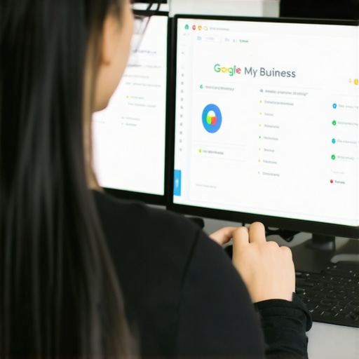 Persona trabajando con múltiples herramientas de gestión de SEO local en una pantalla digital, enfocándose en Google My Business y software de reseñas.