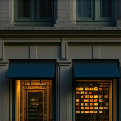 Fachada de un negocio en Washington DC durante la puesta del sol