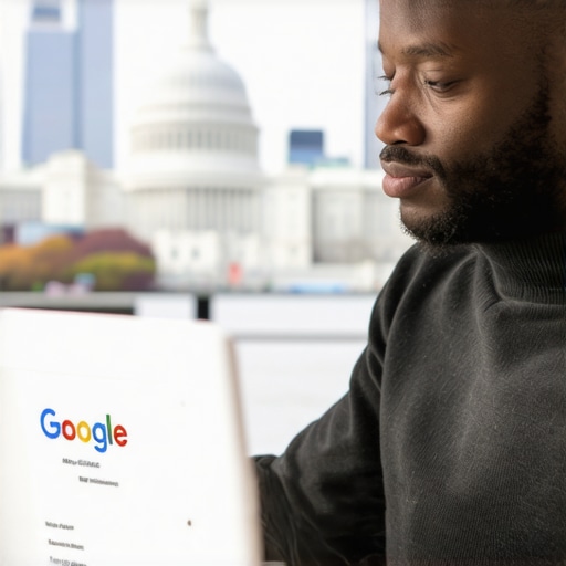 Propietario de negocio en DC optimizando su perfil de Google My Business en laptop con vistas de Washington