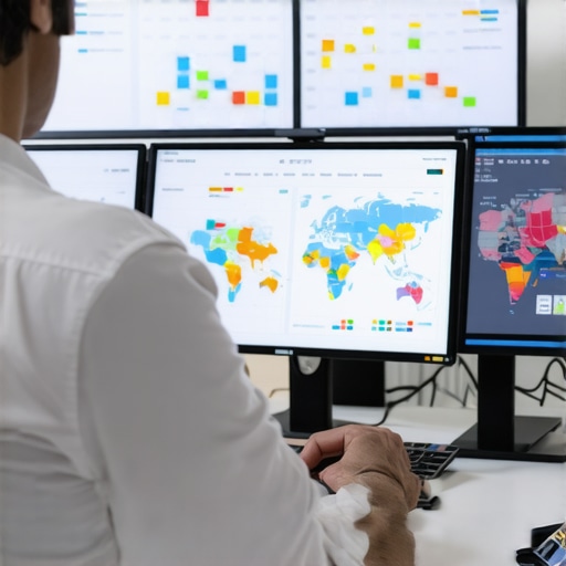 Persona revisando datos de SEO en pantallas con mapas y gráficos en una oficina moderna.