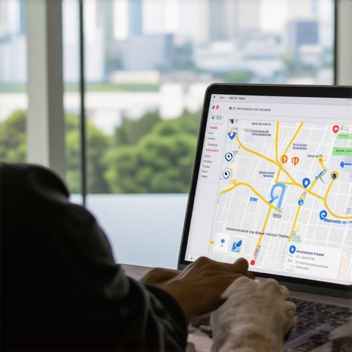Dueño de negocio revisando estadísticas de Google Maps con vista a Washington DC