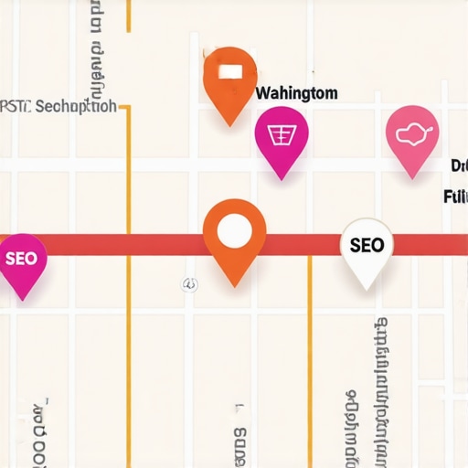 Map highlighting business locations in Washington DC with SEO icons.
