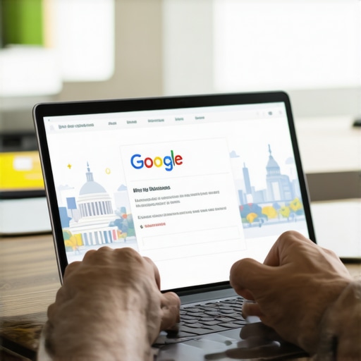 Persona editando su perfil de Google My Business en un portátil con vista a Washington DC