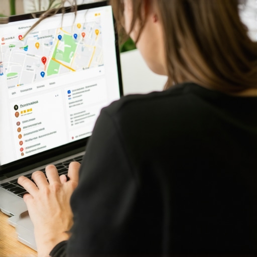Persona revisando datos de Google Maps y reseñas en computadora portátil, símbolo de estrategia avanzada