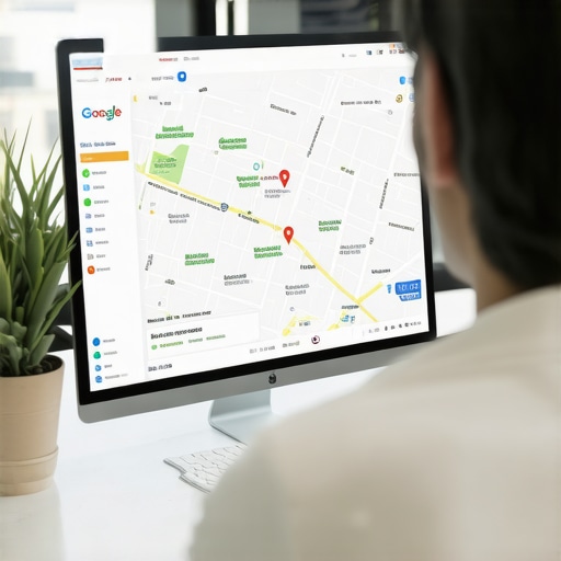 Consultor revisando métricas de Google Maps en un entorno de oficina con vistas a Washington DC