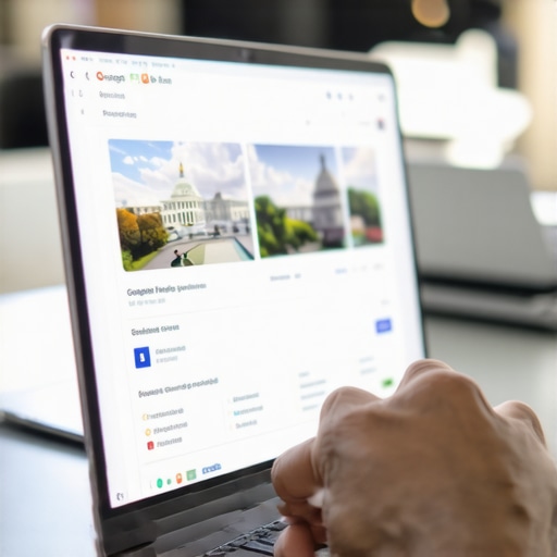 Persona actualizando su perfil de Google My Business en un entorno de oficina con vista a Washington DC.