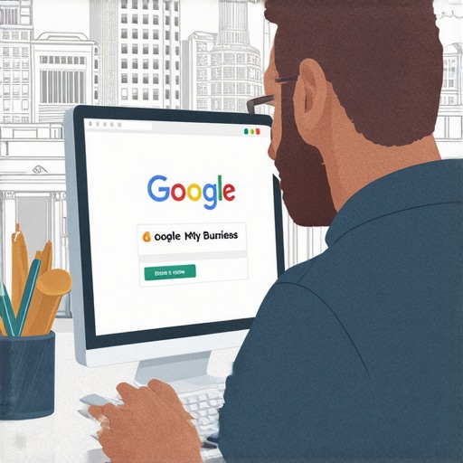 Persona actualizando perfil de Google My Business con vistas de Washington DC de fondo.